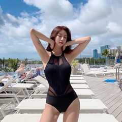 Korean women's swimsuit with a sense of style, covering the stomach, slimming, large-breasted, hollowed-out black one-piece swimsuit, small-chest concentrating swimwear