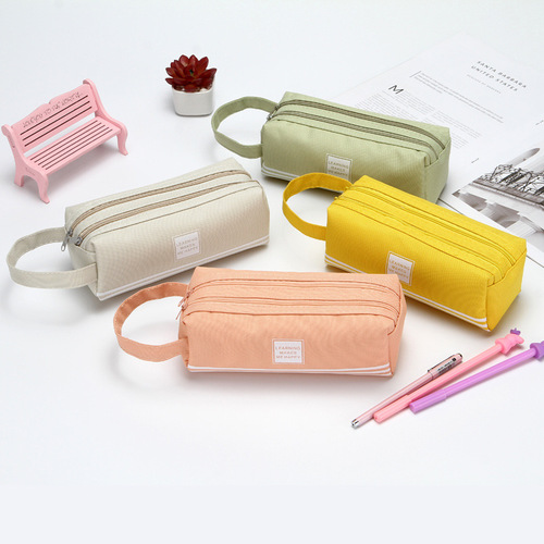 Pen bag simple solid color striped double layer stationery pen box student creative large capacity portable pen bag printed with logo