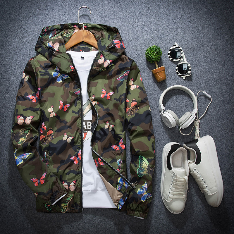 Foreign trade supply Spring and Autumn men's coat couple hooded jacket youth thin camouflage flower butterfly coat men