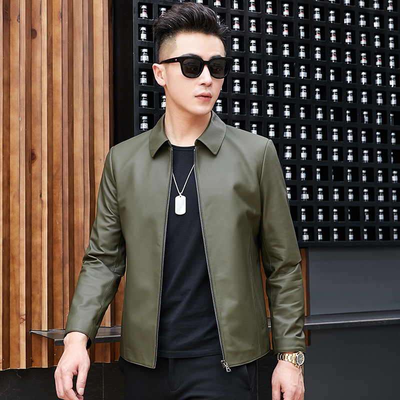 Short Leather Jacket Men's Haining Genuine Leather Zipper Dad Sheepskin Business Casual Leather Jacket Lapel Leather Jacket