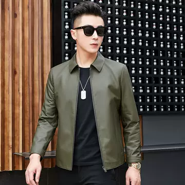 Short Leather Jacket Men's Haining Genuine Leather Zipper Dad Sheepskin Business Casual Leather Jacket Lapel Leather Jacket - ShopShipShake