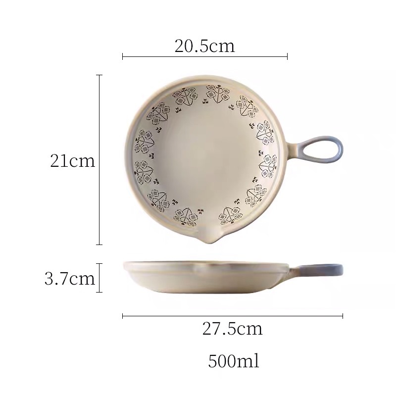 Japanese Breakfast Plate Steak Plate Ceramic Flat Bottom Casserole Can Open Flame Gas Handle Pot Omelette Pot