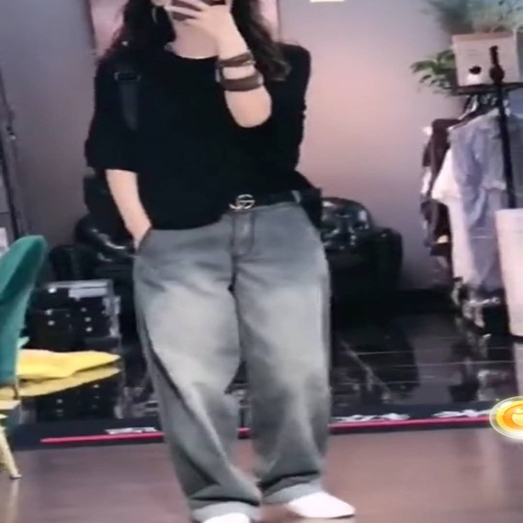 Qiang77 Summer New Women's 2026 Casual T-Shirt Loose Slimming Black Top Short-Sleeved + Gray Jeans Trendy Qiang77 Summer New Women's 2026 Casual T-Shirt Loose Slimming Black Top Short-Sleeved + Gray Jeans Trendy