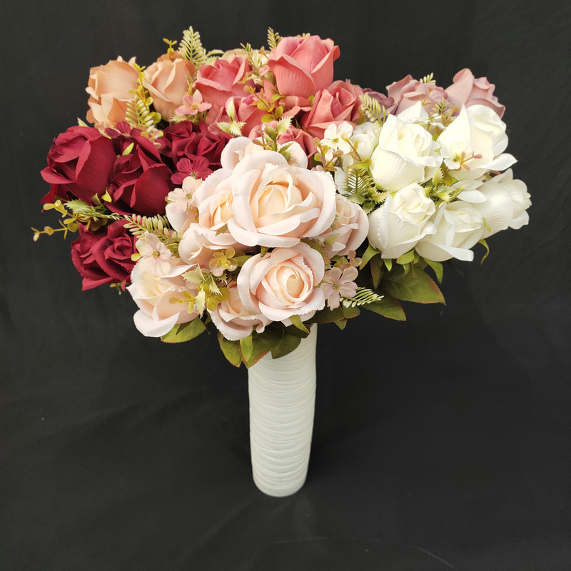 Fábrica al por mayor 11 brotes de Rosa polacos fotografía del hogar boda flor hecha a mano flor artificial rosa