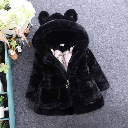 Children's winter coat with plush rabbit ear design, faux fur outerwear for girls and boys, warm cotton-filled sweater for autumn and winter