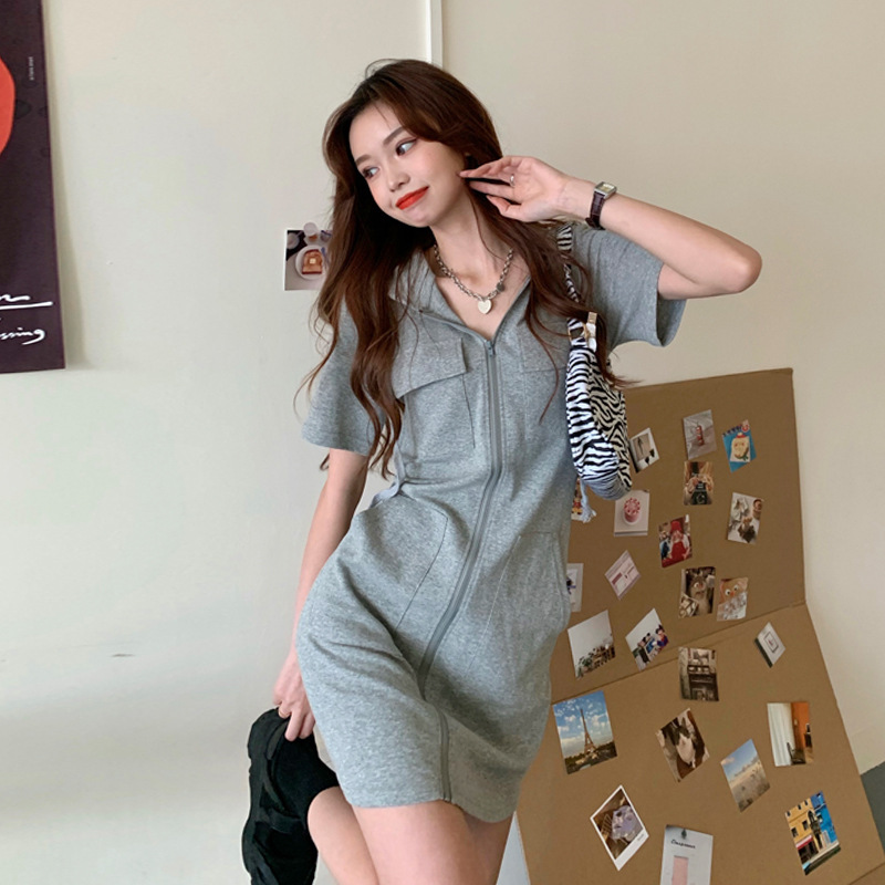 Summer 2026 New Korean Cross-Border Hooded Short-Sleeve Zip Dress for Petite Women, Age-Reducing and Slimming, Stylish Women's Clothing Summer 2026 New Korean Cross-Border Hooded Short-Sleeve Zip Dress for Petite Women, Age-Reducing and Slimming, Stylish Women's Clothing