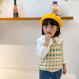 麦田季20春秋新款韩国童装女童花朵毛线马甲儿童毛衣外穿针织背心