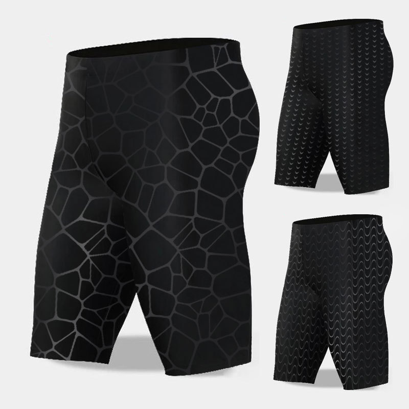 Nuevos hombres anti-vergüenza de impresión oscura de cinco puntos traje de baño de primavera caliente más tamaño impermeable de secado rápido de imitación de piel de tiburón bañador hombres