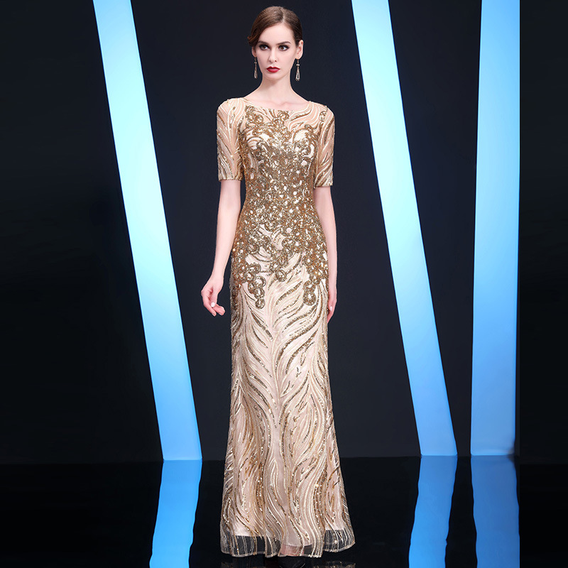 Vestido de noche dorado, estilo nuevo de primavera 2025, elegante, para fiesta de gala, para mujer