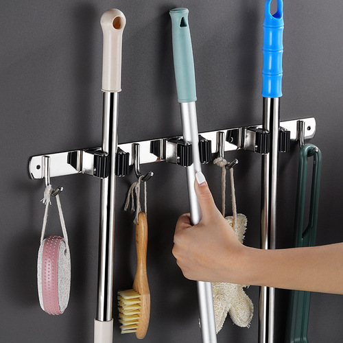 304 Stainless Steel Nail-Free Mop Hook Mop Holder Adhesive Swiffer Mop Stand Multi-function Wall Mount