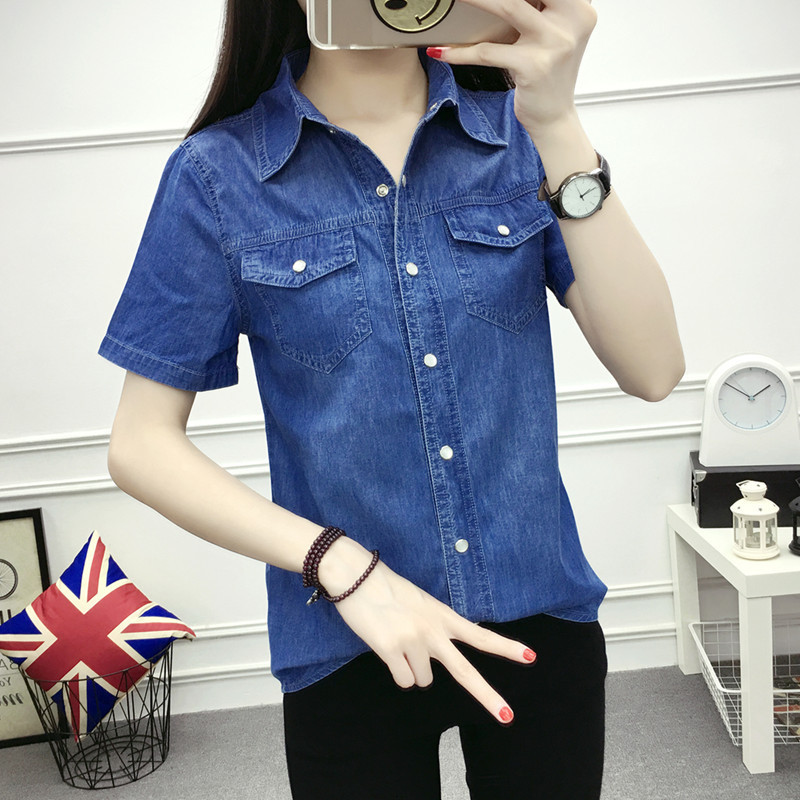 2026 New Women's Denim Shirt with Unique Design, Short-Sleeve, Plus-Size, Slim-Fit, Thin Summer Denim Top