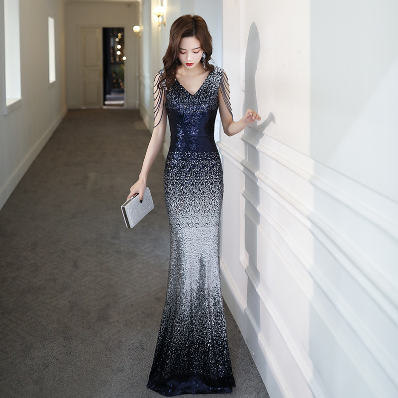 Vestido de noche con lentejuelas para mujer 2025, nuevo vestido largo ajustado de sirena, estilo sexy y elegante, ideal para presentadoras, con efecto adelgazante.