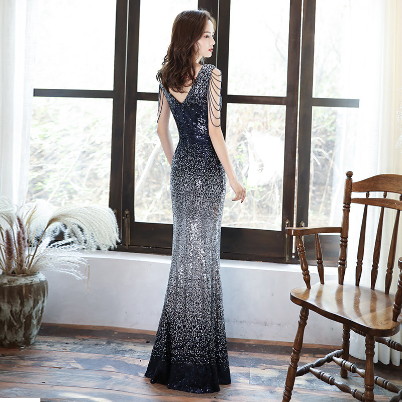 Vestido de noche con lentejuelas para mujer 2025, nuevo vestido largo ajustado de sirena, estilo sexy y elegante, ideal para presentadoras, con efecto adelgazante.