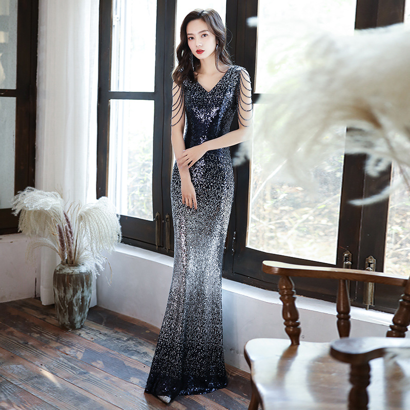 Vestido de noche con lentejuelas para mujer 2025, nuevo vestido largo ajustado de sirena, estilo sexy y elegante, ideal para presentadoras, con efecto adelgazante.
