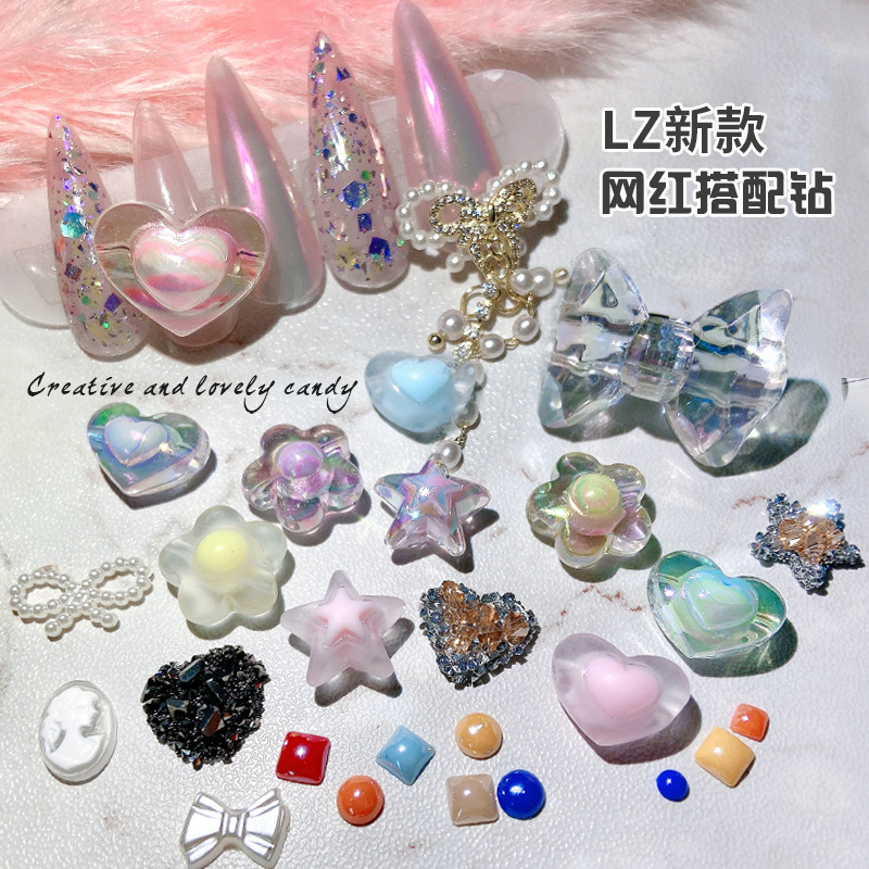 Popular Nail Art Jewelry Acrylic Bear Bow Ring Beauty Head Plastic Style Frosted Aurora Flower Decoration