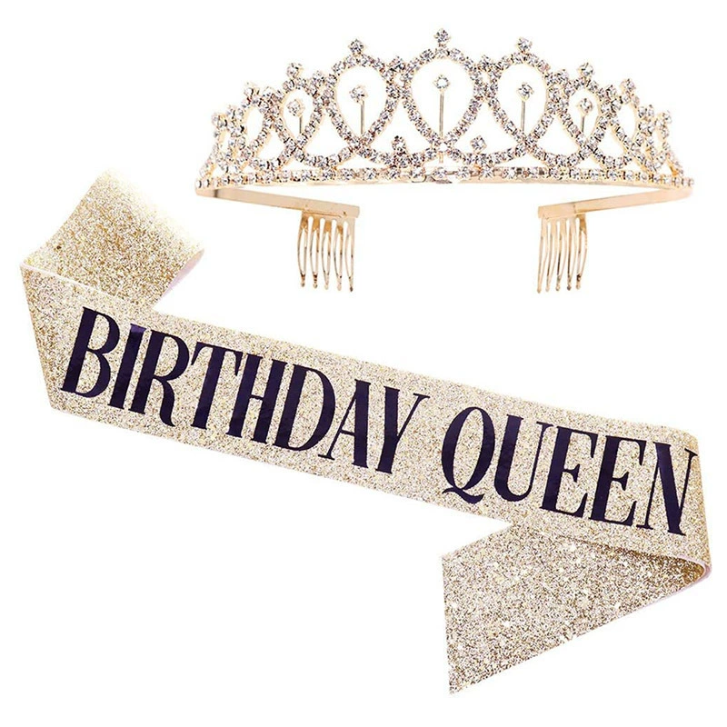 Диадема-ободок набор с кристаллами и лентой "Birthday Queen", комфортная подарочная принадлежность