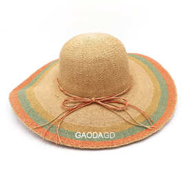 大沿花朵女士帽子春夏旅行出游遮阳防晒帽蝴蝶结机织帽大檐沙滩帽