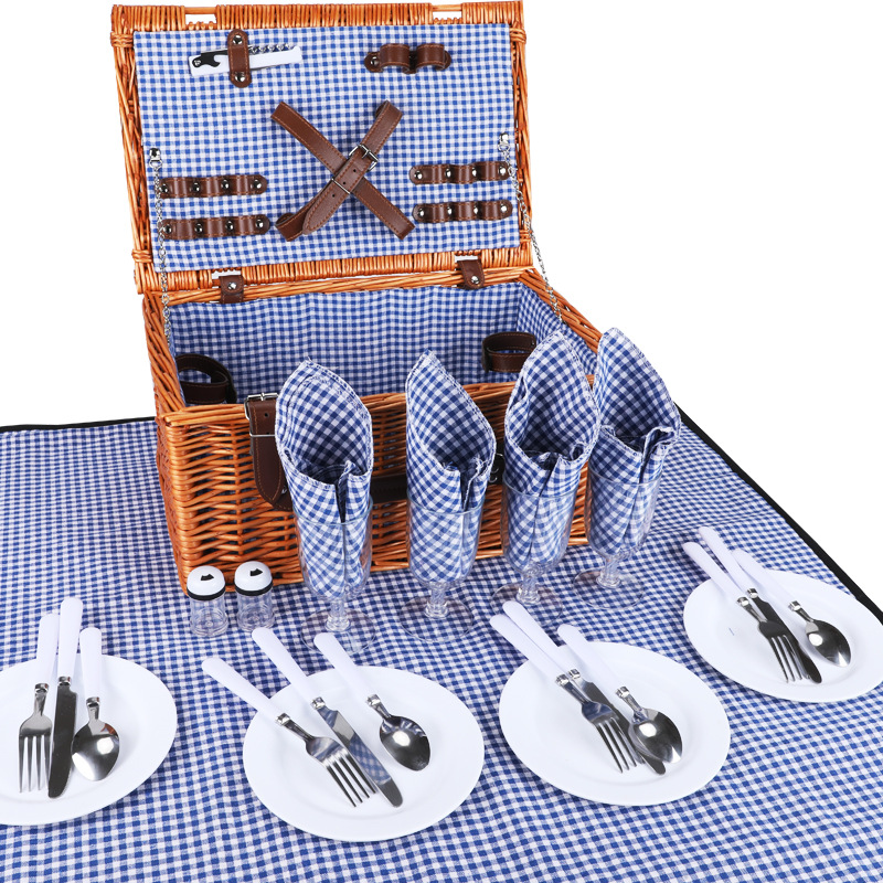 Fábrica directa cesta de picnic ratán portátil al aire libre plegable vegetal mimbre tejido cesta de almacenamiento con vajilla