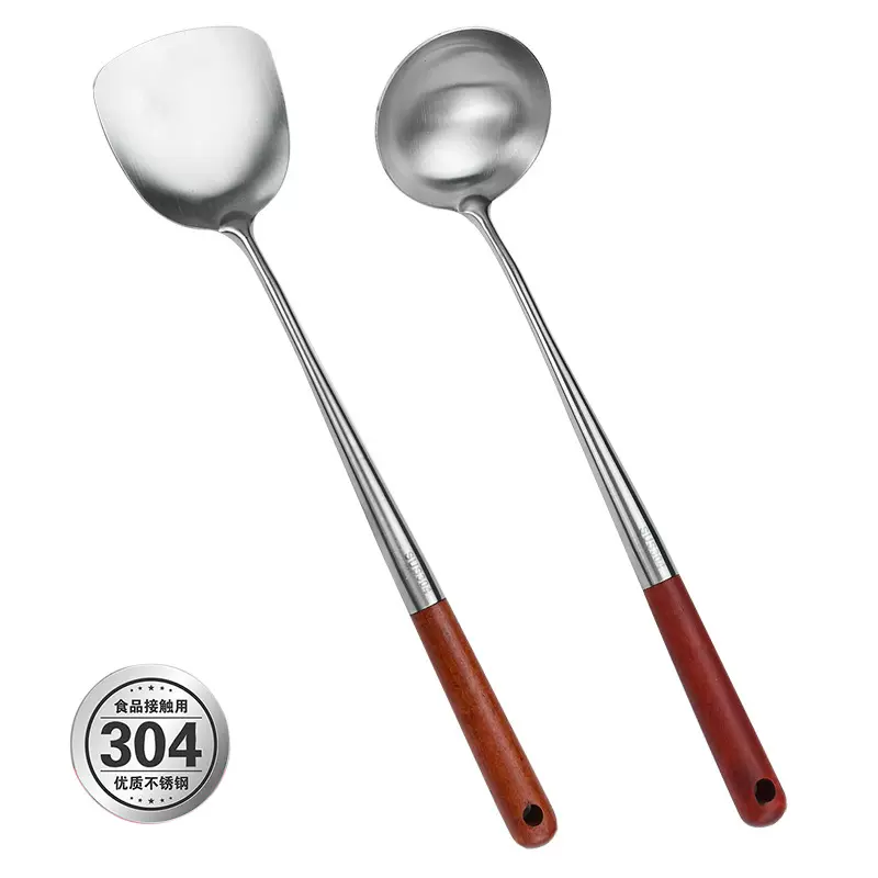 批发304不锈钢加长锅铲家用厨房木柄炒菜铲子防烫厨具炒铲汤勺