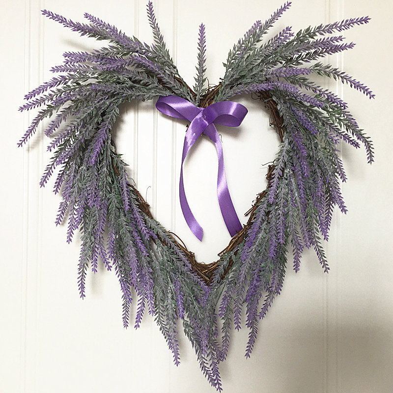 新植毛薰衣草壁挂心形花环花圈家居墙饰婚庆门楣花情人节挂饰跨境