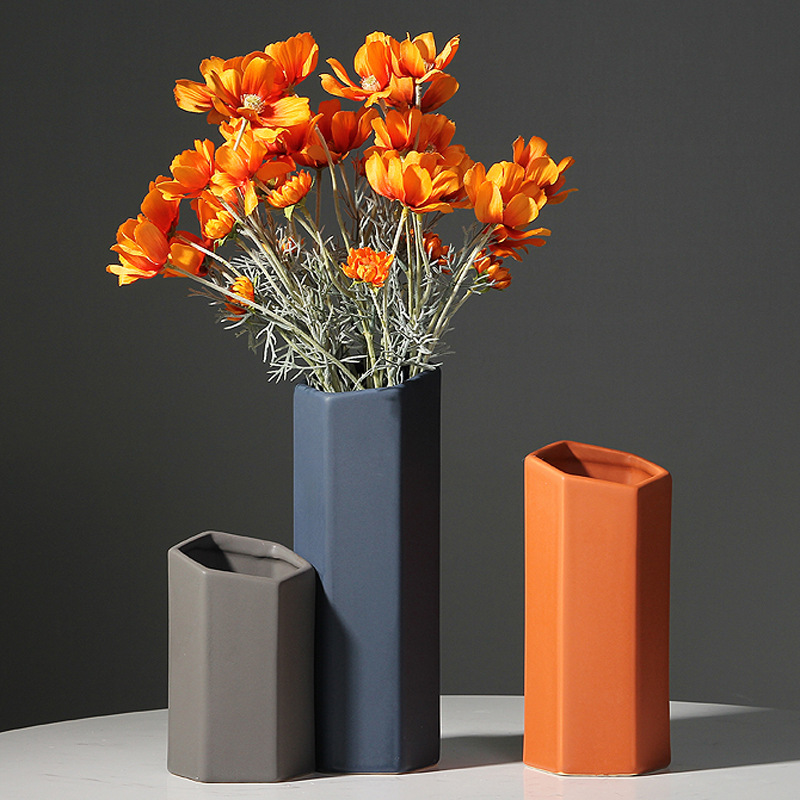 Moderno minimalista geométrico multilateral jarrón de cerámica florero hogar sala de estar diseñador decoración suave adornos