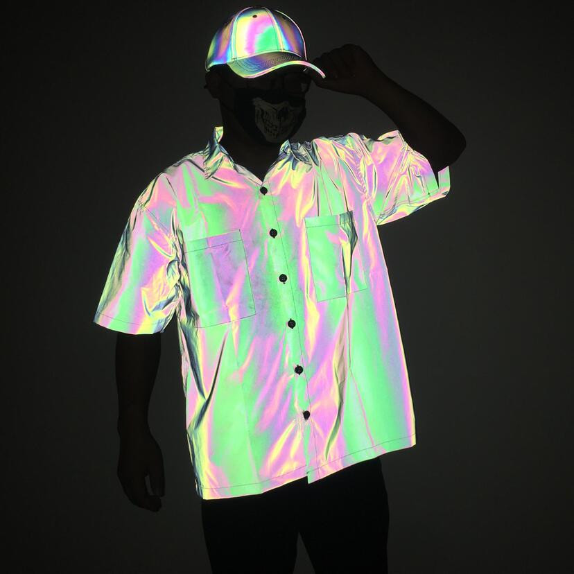 2020 nueva camisa de manga corta reflectante colorida transfronteriza europea y americana hip hop colorida camisa luminosa moda