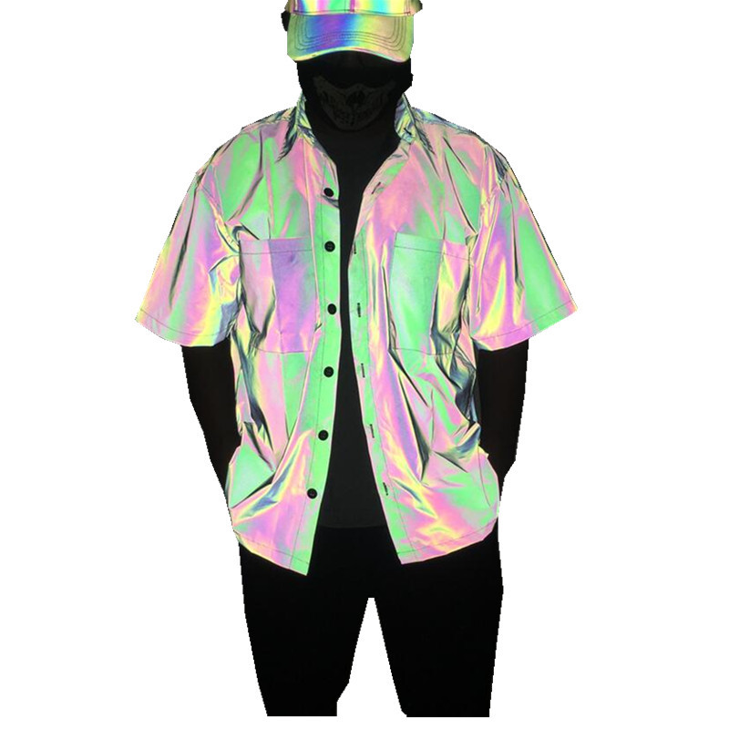 2020 nueva camisa de manga corta reflectante colorida transfronteriza europea y americana hip hop colorida camisa luminosa moda