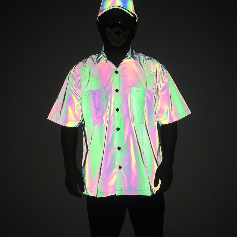 2020 nueva camisa de manga corta reflectante colorida transfronteriza europea y americana hip hop colorida camisa luminosa moda