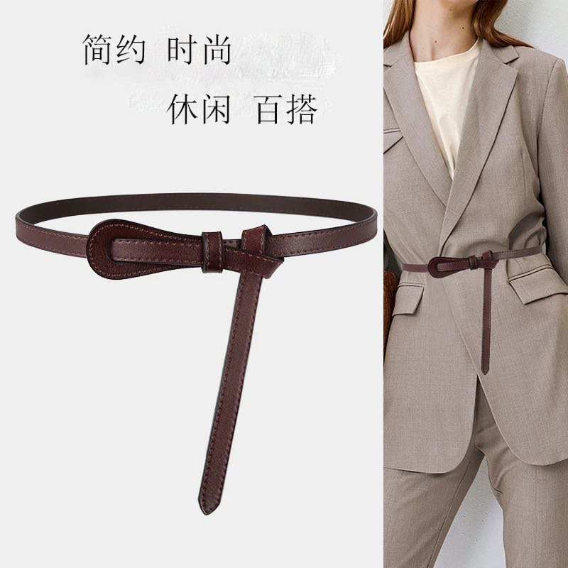 Belt Women's Genuine Leather ins Korean Fashion Simple Decorative Dress Sweater Coat Knot Cowhide Belt Women's Thin Belt Women's Genuine Leather ins Korean Fashion Simple Decorative Dress Sweater Coat Knot Cowhide Belt Women's Thin
