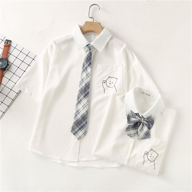 Polar Bear Academy Style Bear Printed Artistic White Shirt Women's Loose Short-sleeved Student's jk Shirt with Tie for Class