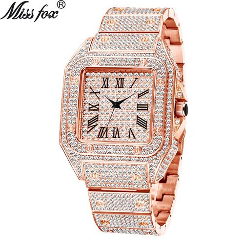 missfox European and American golden Roman high-end hip-hop star-studded diamond square men's watch fashion quartz watch