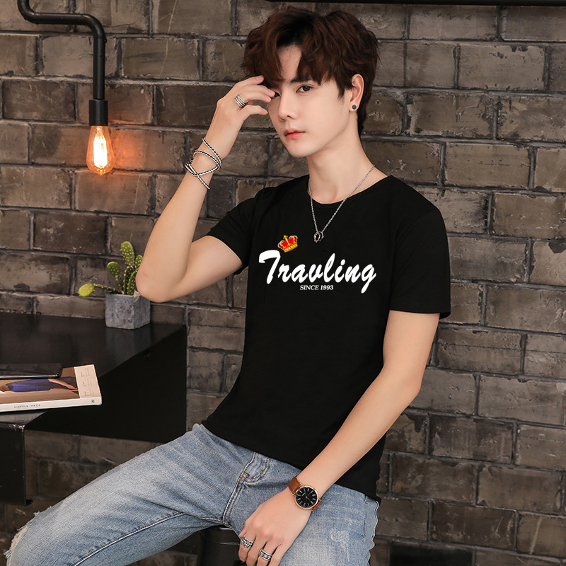 Camiseta de manga corta para hombres de verano camisa de fondo ropa superior estudiante slim-fit moda media manga blanca T cuello redondo camiseta moda para hombres