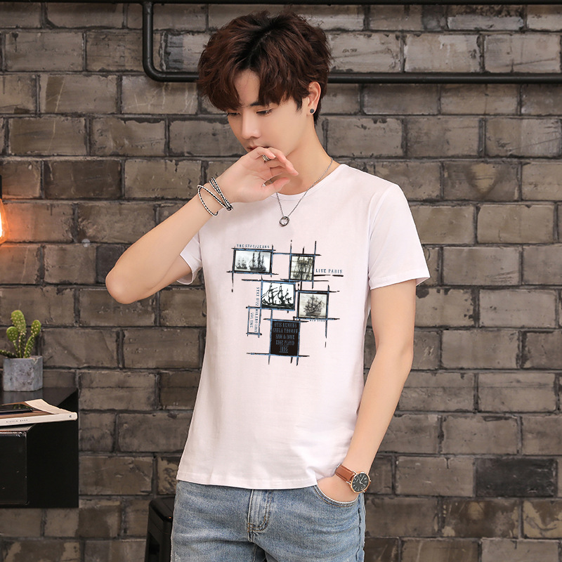 Camiseta de manga corta para hombres de verano camisa de fondo ropa superior estudiante slim-fit moda media manga blanca T cuello redondo camiseta moda para hombres