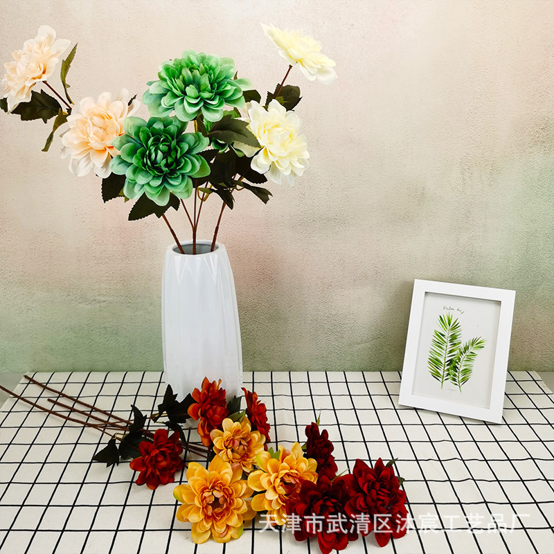 Nueva flor artificial 3-cabeza daliju boda carretera plomo Nordic Home Hotel falso flor Decoración Accesorios de tiro DIY