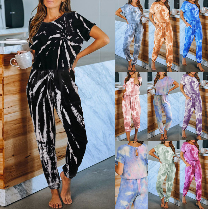 2020ebay cross-border Europe and the United States wish New Ladies Home clothing single-piece set summer Amazon tie-dyed printed pajamas