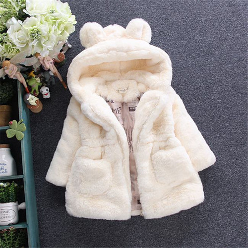 Children's winter coat with plush rabbit ear design, faux fur outerwear for girls and boys, warm cotton-filled sweater for autumn and winter