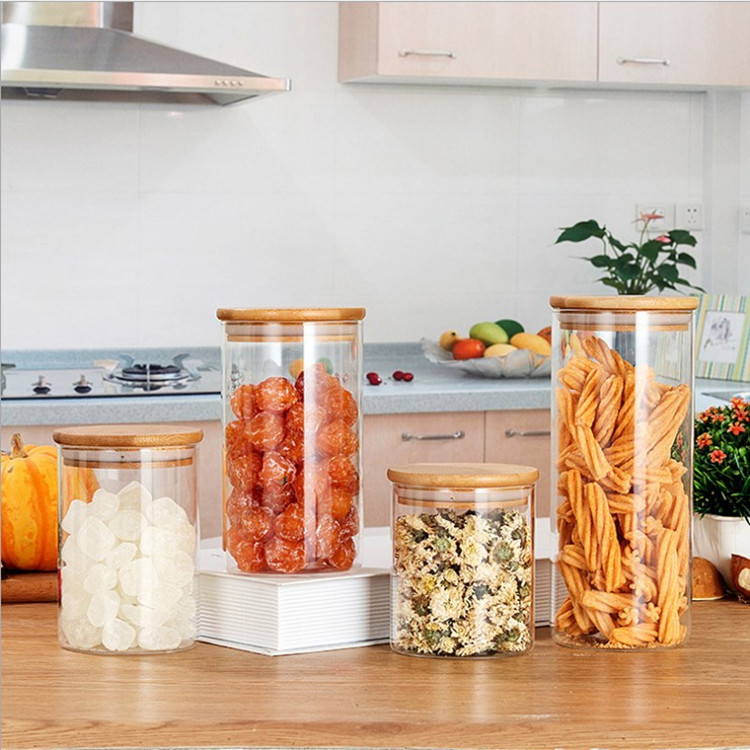 厂家批发高硼硅储罐厨房收纳罐竹盖密封罐透明玻璃茶叶罐糖果罐子