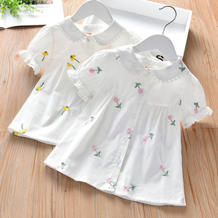 Рубашка, летняя одежда, кардиган, детский комфортный жакет, в западном стиле, коллекция 2021, в корейском стиле, с вышивкой, короткий рукав