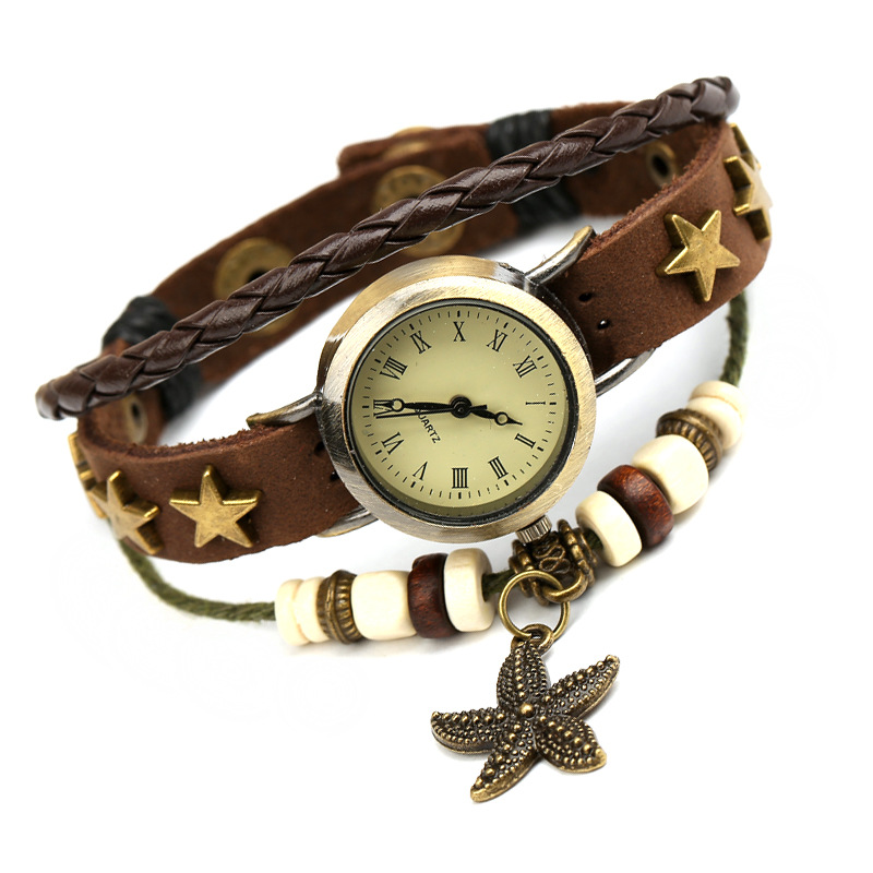 Fashionable elegant simple all-match genuine leather bracelet watch student jewelry five-pointed star retro cowhide bracelet watch
