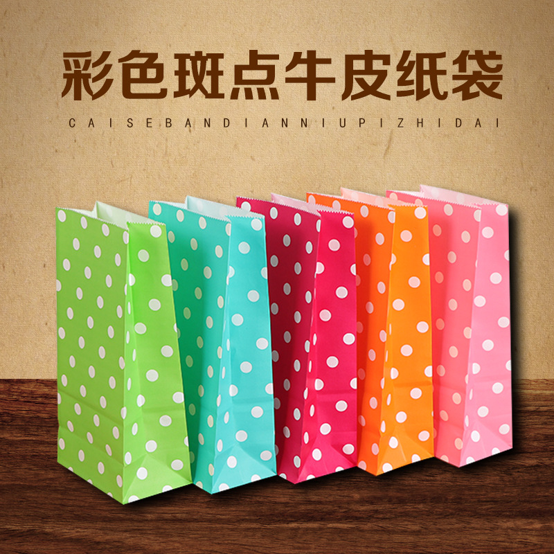出口花色彩色斑点波点无手提小号化妆品礼品饰品糖果白色牛皮纸袋