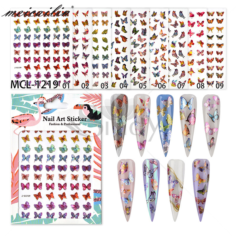 Laser Simulated Butterfly Nail Art Stickers Cartoon Ins Style Aurora Phantom Sequin Nail Stickers Wholesale Light Luxury