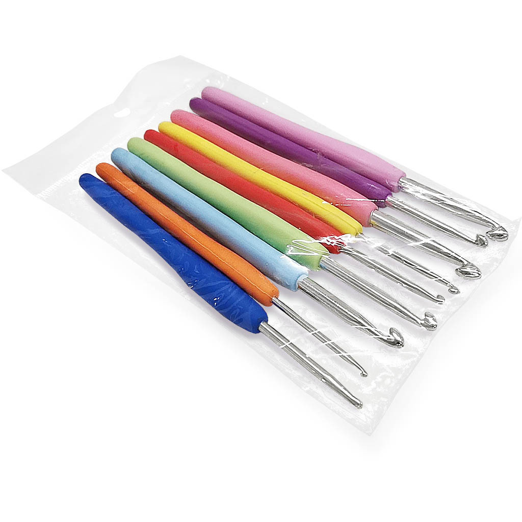 Herramientas de tejer aguja suéter TPR mezclado PP crochet mango suave aluminio crochet 9 piezas conjunto bolsa opp