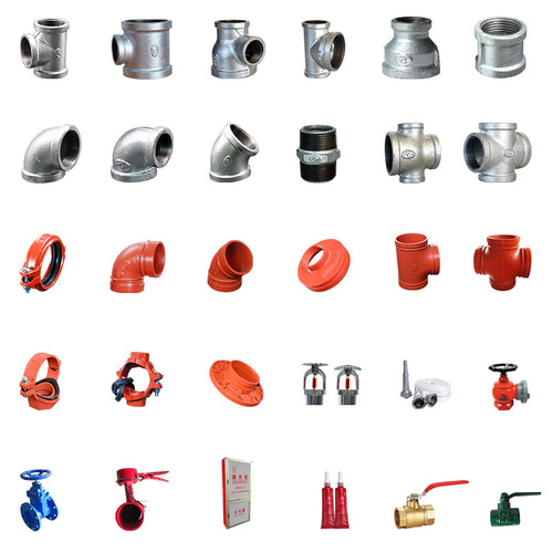 Malleable iron pipe fittings, water and heating galvanized pipes, antique-style 1-inch external threads, fire-fighting internal-threaded pipe couplings, direct T-fittings, and straight connectors