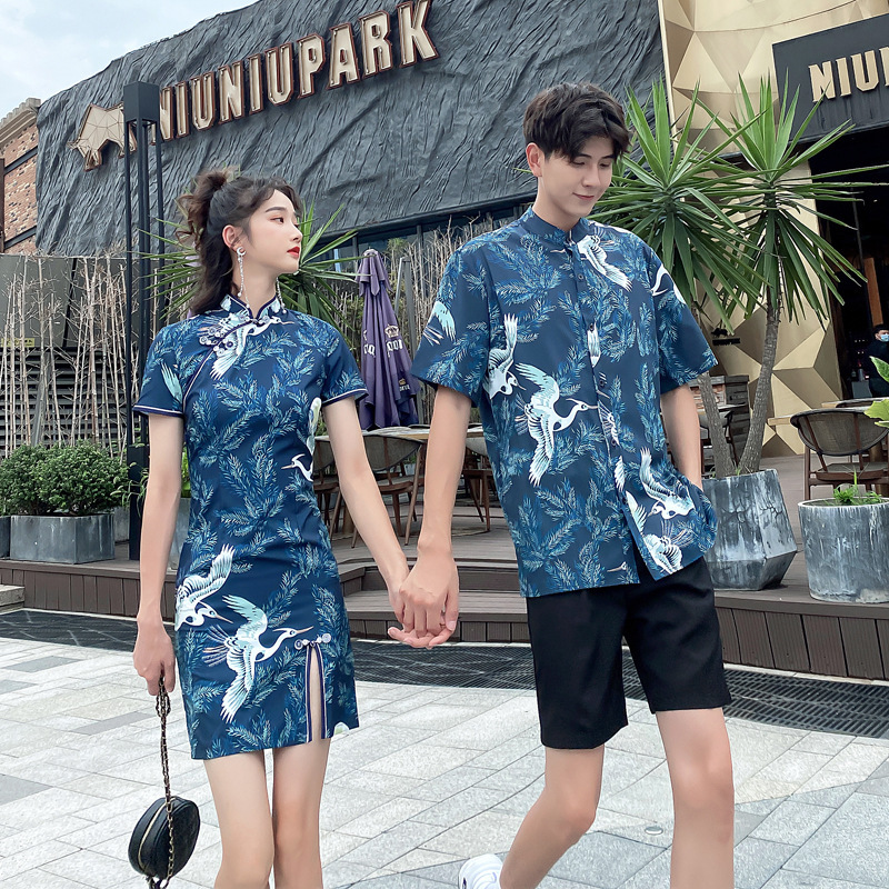 Cheongsam Couple Wear Summer Shirt Men's Suit Popular Chinese Style Crane Flower Shirt Short-Sleeved Slit Dress Cheongsam Couple Wear Summer Shirt Men's Suit Popular Chinese Style Crane Flower Shirt Short-Sleeved Slit Dress
