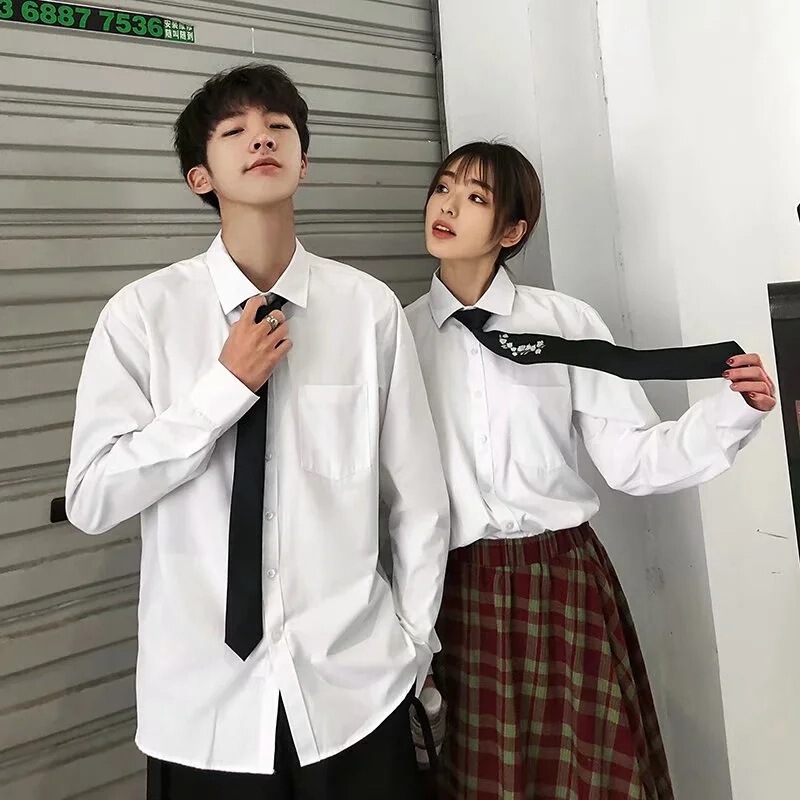 Tie White Shirt Men's Long-sleeved Korean Fashionable Couple Clothing for Students Hong Kong Style Shirt Academic Style suit Top