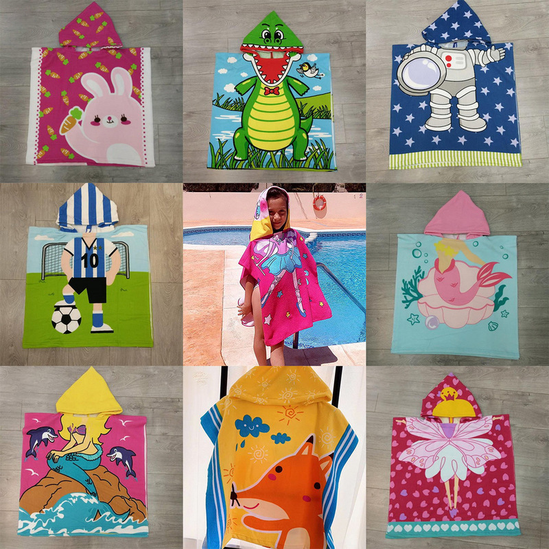 Cartoon Printed Kidsren's Bath Towel Poncho, Microfiber Towel Material, 1-12 Years Old, Hooded Wearable Bath Towel, Breathable