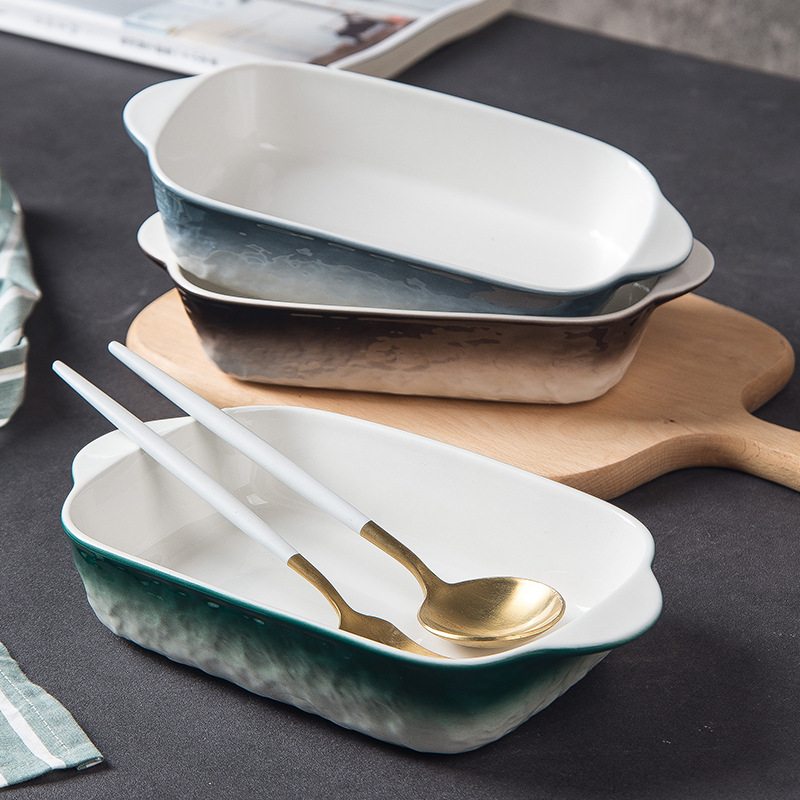 Nordic minimalist tableware ceramic square bowl, personalized baked rice bowl, home-use baking tray, oven baking double-ear rectangular dish