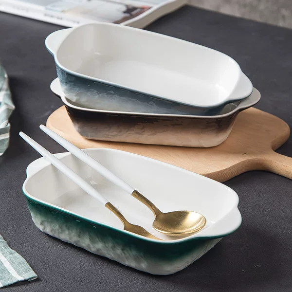 Nordic minimalist tableware ceramic square bowl, personalized baked rice bowl, home-use baking tray, oven baking double-ear rectangular dish