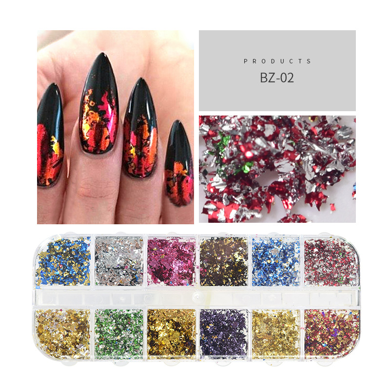 Accesorios de manicura nuevo estilo japonés manicura hoja de oro seda 12 colores en caja de oro fino y fragmentos de hoja de plata DIY papel de aluminio decorativo