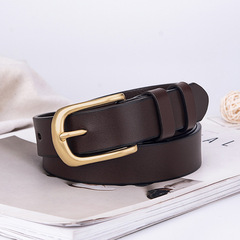 2020新款細腰帶 女韓版休閒簡約牛仔褲銅針扣純頭層牛皮皮帶真皮